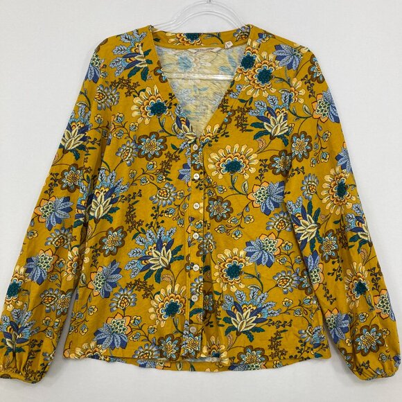 Soft Surroundings Large Blue Yellow Floral V Neck Cotton Button Up Cottagecore - Picture 1 of 9